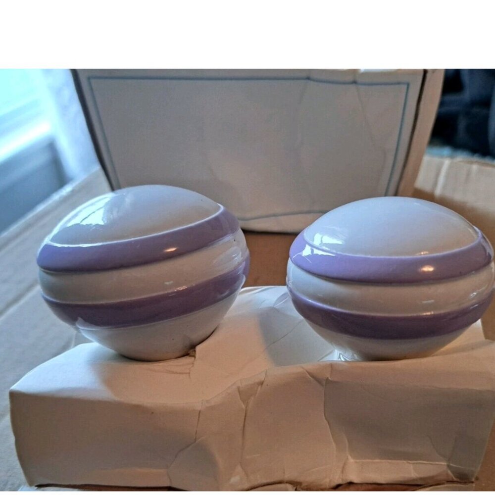 Pottery Barn Kids Simple Stripe Harper Curtain rod Finials Purple white glossy